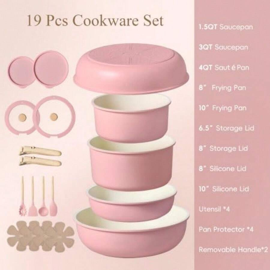 19pcs Pots And Pans Set Non St - Camping Cooking Set Detachable Handle review and price