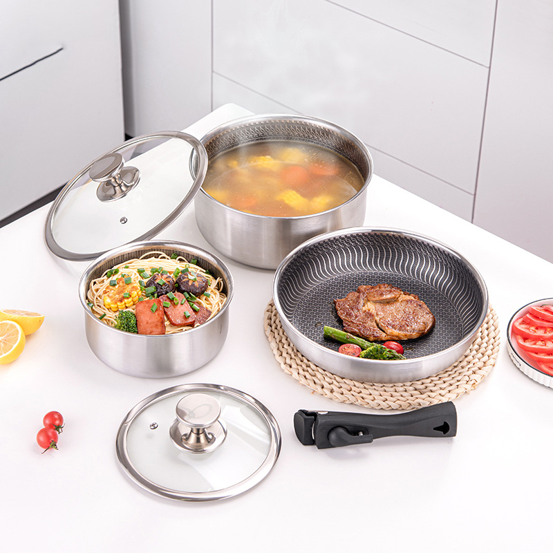 6 Pcs 3-ply Stainless Steel Co - Camping Cooking Set Detachable Handle review and price